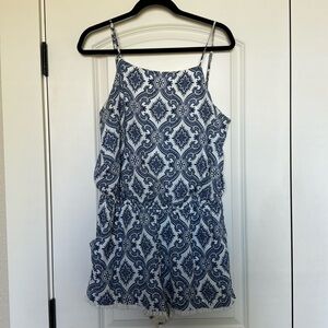 Blue detailed spaghetti-strap romper with pockets